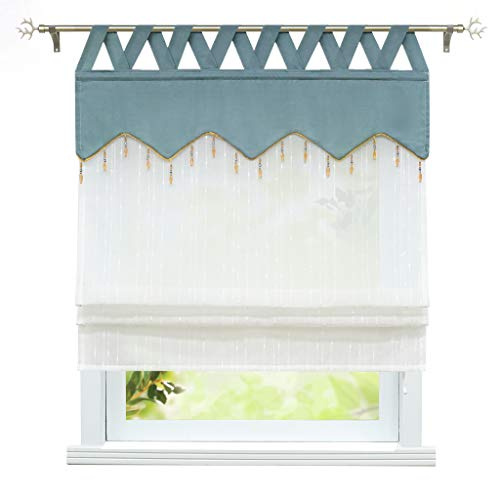 ESLIR Raffrollo mit Schlaufen Raffgardinen Transparent Küche Gardinen Landhausstil Schlaufenrollo Leinen Blau BxH 100x140cm 1 Stück