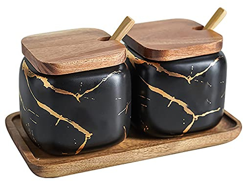 Lot de 2 pots à sucre en céramique avec couvercle en bois et cuillère en bois Noir