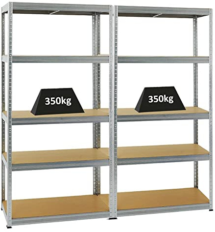 PROREGAL Mega Deal | 2x Scaffale per carichi pesanti Slim Elephant M | AxLxP 180x90x60cm | 5 Rapiani | Portata per ripiano 350 kg | Zincato