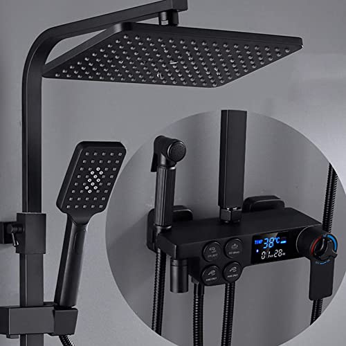 Yalsfowe Duschsystem mit Thermostat Schwarz Duscharmatur Set mit LED Temperatur-Anzeige, Regendusche mit armatur, 3 Funktions Handbrause, Duschkopf, Bidet Handbrause, Dusche Regendusche Set
