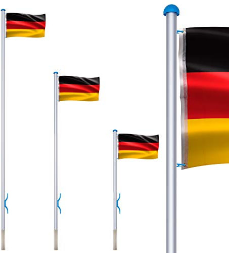 TRMLBE Fahnenmast 6,5m Stabil Fahnenstange Aluminium Fahnenmasten Teleskop 2,25-6,5m Dehnbar Flaggenmast mit Deutschlandfahne Flaggenmast, Silber Rohr