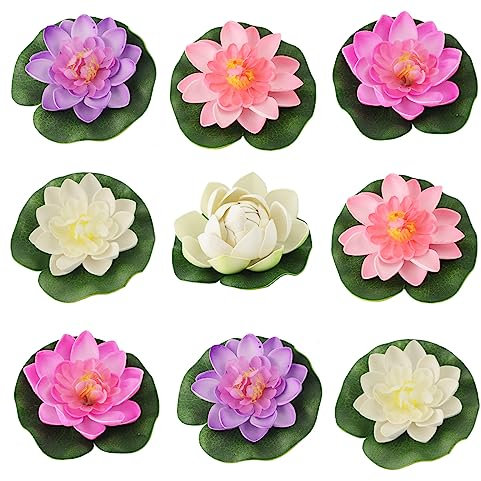 DINGFENG Fiori Galleggianti per Laghetti, 9 Pezzi Fiori di Loto Galleggianti Veri, fiori galleggianti, Artificiale Ninfee Galleggianti,Piante di Loto,Fiori di Loto Finti per Decorazioni (Colore)