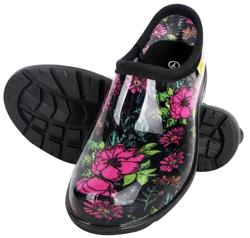 Kprm Flat Garden Shoes for Women Waterproof Slip-On Womens Rubber Rain Shoes Gardening Clogs with Comfort Insole (Midsummer Black, 9)