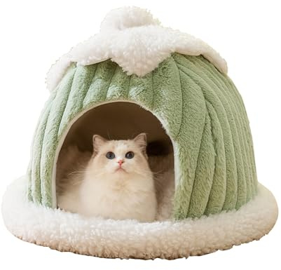 Galatée Katzenhöhlenbett, Cartoon Süßes Katzenhaus, Kleines Katzenzeltbetthaus Mit Abnehmbarem Waschbarem Kissen Kissen, Warmes Hundebett, Katzenbetten Für Innenräume(S, Grün)