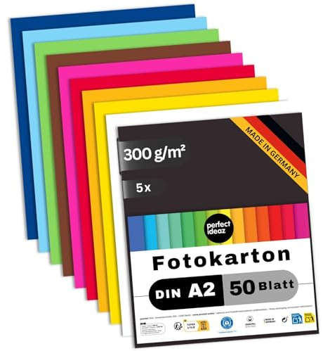 perfect ideaz - 250 Blatt Fotokarton DIN-A2, 10 Farben, stabiler recycling Karton 300 g/m², Made in Germany, Blauer Engel zertifiziert (5 x 50 Blatt)