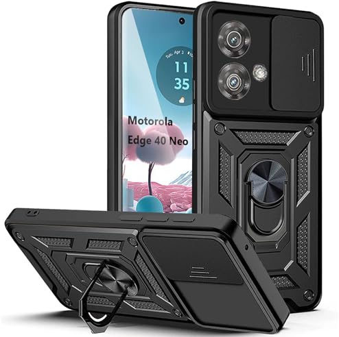 XCYYOO Funda para Motorola Edge 40 Neo, Funda Antigolpes con Deslizante Cámara, Soporte de Anillo Giratorio y Bumper - Negro