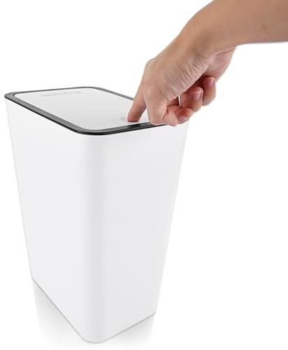 AHAQU 12L/2.6 Gallon Bedroom Bin with Lid, Push Button Rubbish Bin Kitchen, Plastic Slim Bins for The Kitchen, Bathroom, Living Room, Office, Toilet-White