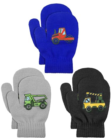 Geyoga 3 Pairs Kids Mittens Stretchy Knit Winter Gloves Dinosaur Warm Mittens Full Finger Kids Gloves for Boys Girls(1-4 Years Old)