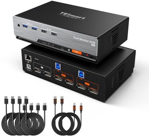 TESmart DP 1.4 KVM Switch 2 Monitors 2 Computers 8K@60Hz EDID Emulator | DP KVM Switch Dual Monitor 4K@144Hz for Gaming Dock, Support USB 3.0, Gigabit LAN, Hotkey Switch, Audio & Mic w/Input Cables