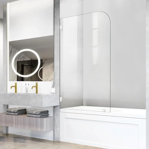 Frameless Bathtub Shower Door, 34 W X 58 H Single Fixed Bath Panel with Clamps, 1/4(6mm) Clear Tempered Glass Bathroom Shower Screen, Bathtub Glass Panel in Polished Chrome Finish
