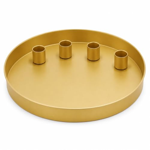 MIJOMA - Rundes Metall-Tablett Ø25cm, Ideal für Advent & Alltagsdekoration, Pulverbeschichtet, Mit 4 Magnetischen Stabkerzenhaltern für Kerzen Ø2cm, Individuell Arrangierbar (Gold)