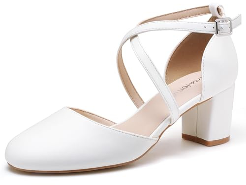 Greatonu Bianche Scarpe col Tacco Donna Eleganti Decollete a Cinturini Incrociati Punta Chiusa Sandali con Tacco da Sposa Decolte Tacco Medio Largo