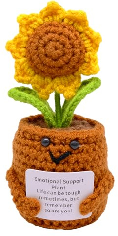 HVIHWI Flores de ganchillo hechas a mano, regalo de apoyo emocional, pequeñas decoraciones de escritorio de punto en maceta, soporte de plantas de girasol, regalo motivacional para desmalezar, estante