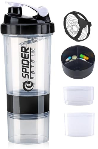 Botella mezcladora de proteínas de 3 capas de 600 ml con bola mezcladora de acero, a prueba de fugas y sin BPA, botella de agua deportiva con compartimento de almacenamiento para suplementos, diseño