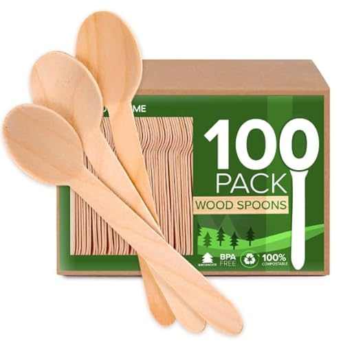 100% Wooden Disposable Spoons, (100 Count) Planet Friendly Utensils, Compostable Cutlery Spoons For Parties, Concession stands And Hosting