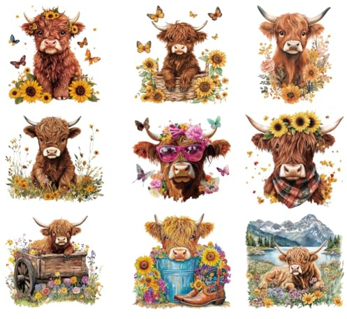 arricraft 9 Sheets Plastic Iron-On Transfer Logo Stickers, Highland Cow Sunflower Pattern Heat Transfer Film Sticker Set for DIY Hats Jackets T-Shirts Bags Curtains Decorative Accessories