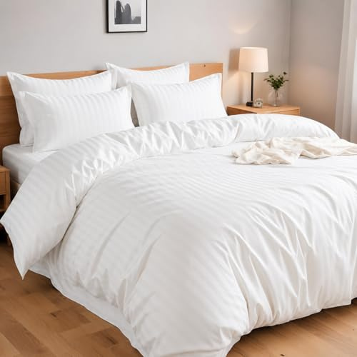 4AS King Size Duvet Cover Sets with Pillowcases - Soft Satin Striped Bedding Set, Wrinkle Resistant Quilt Cover with Durable Button Closure (White, 230x220cm)