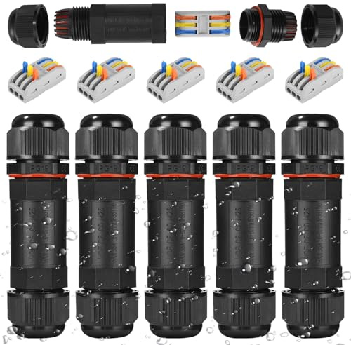 Cexovo IP68 Wasserdichte Kabelverbinder,Kabelverbinder Wasserdicht mit 3-Polig Abzweigdose Wasserdicht Verbindungsmuffe Erdkabel Abzweigdose für Ø9-12mm Kabeldurchmesser (5er-Pack,Schwarz)