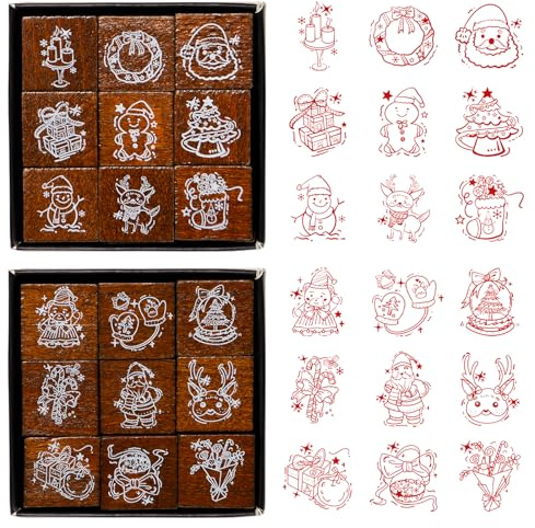 Pilikoll 18 Pezzi Natale Timbri Stampini di Legno Timbri Legno Natalizi Natale Timbri in Legno Merry Christmas Set Timbri in Gomma Natale in Legno per Scrapbooking Decorazione Regalo Festa di Natale