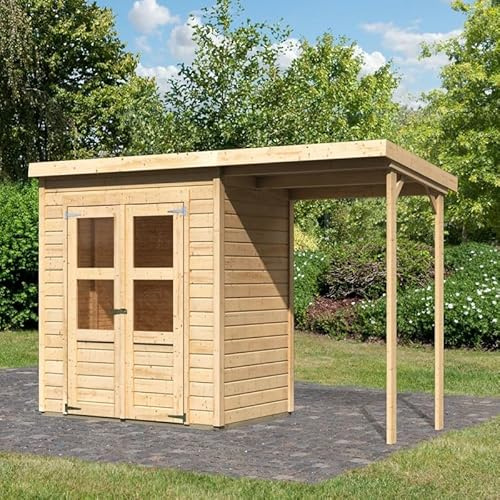 Karibu Abri de Jardin Bois Épicéa 2,2m² Merseburg 2 + Appentis | Double Porte Semi-Vitrée, Toit Plat, Kit Fondation | Rangement Extérieur Naturel