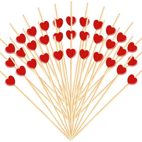 LQTSLFM 100 Piezas Palillos para Aperitivos Corazo, Brochetas de Cóctel Corazón, Fiesta Palillos Decorativos de Madera para Frutas Postres Comida San Valentín Bodas Decoración (Rojo-E)