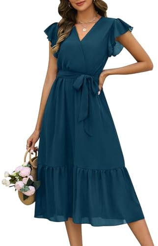 Fashora Abito Estivo Donna Vestito Lungo Leggero Vestiti Manica Corta Vestito Scollo a V con Manica a Volant Spiaggia Eleganti Tinta Unita Abito Vita Alta Linea A (Blu Oceano, XXL)