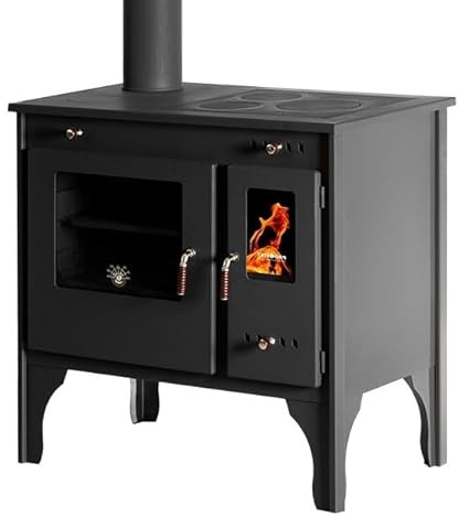 PROMETEY Retro Eco - Estufa de leña (7 kW, con placa de hierro fundido y horno izquierdo, salida de humos, clase energética A Plus)
