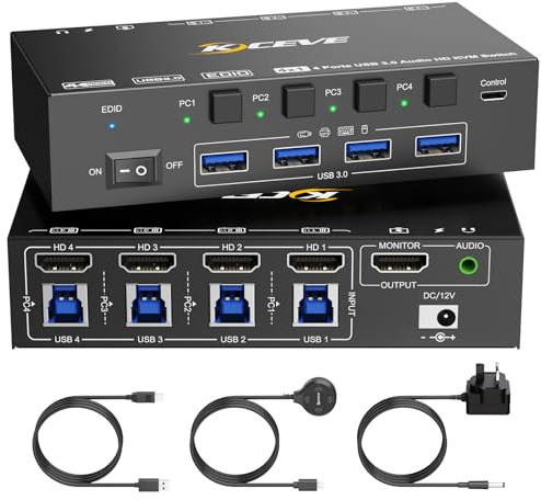 HDMI KVM Switch 4 Computer, 8K@60Hz 4K@144Hz KVM Switch 4 Computer Share 1 monitor and 4 USB3.0 Port, Support EDID Simulation and Audio Output, with Power Adapter and 4 USB 3.0 Cables