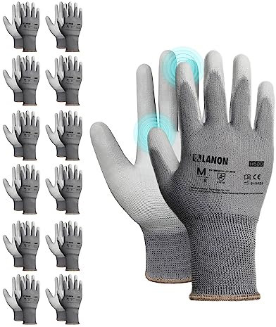 LANON 12 Paar PU Professionelle Arbeitshandschuhe, Zweimal Gewaschen, Geruchlos, Industrie-Schutzhandschuhe für Mechanik und Werkstatt, Grau, L/9