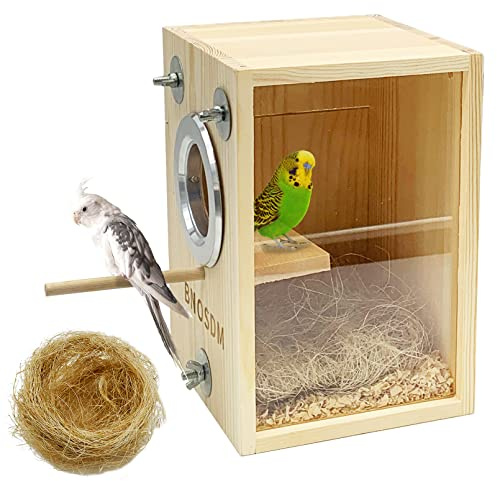 BNOSDM Parakeet Nesting Box Transparent Bird Breeding Nest Boxes Natural Wood Bird Cage (M)
