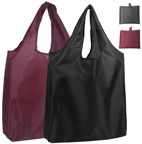 Einkaufstasche Faltbar Wiederverwendbare Einkaufstüten Einkaufsbeutel Umweltfreundliche Faltbare Einkaufstaschen Langlebig Wasserdicht Faltbare Tasche Shopping Bag 2 Stück(Schwarz+Weinfarbe)