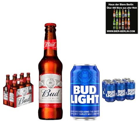 Bud Bier & Bud Light - King of Beer USA Mix - 12 x 330ml/355ml - Inkl. Haus der Biere Berlin Bierdeckel