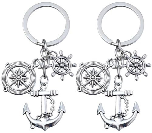 Kawailay 2 pièces Porte-clés Ancre Porte-clés boussole gouvernail Porte-clefs thème aventure nautique pour hommes femmes