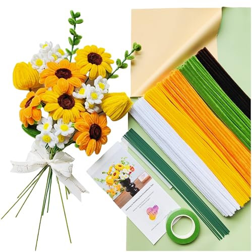 YYUENGTAK Sonnenblumen Blumenstrauß,Pfeifenreiniger Blumen Set,mit 210 Stück Pfeifenputzer zum basteln Blumen(5 Farben),Anweisungen,12 Stück Grün Basteldraht,Geschenkpapier,Geschenkband,Blumenband