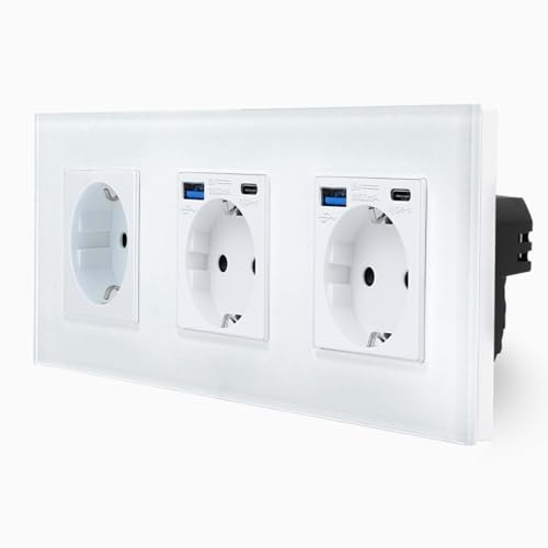 Luxus-Time Steckdose mit USB-A USB-C Anschluss zum aufladen Schuko Einbau USB A/C Netzteil Ladegerät 20W Mehrfachstecker schnellladen (Glas 1x Steckdose mit 2x USB A/C Weiß)