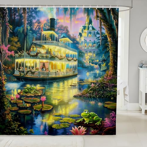 Manfei Cartoon Frog Kids Shower Curtains,Castle Ship Summer Pond Lotus Leaf Bathroom Curtains for Girls Boys,Tale Princess World Dreamy Vintage Chic Waterproof Curtains,12 Hooks Suits,72 W x 78 L