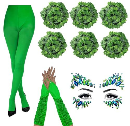 Bohue 9pcs Halloween Grün Cosplay Kostüm Grüne Strumpfhose Fingerlose Handschuh Halloween Gesicht Tattoo Künstliche Efeu Reben Cosplay Efeu Kostüm für Frauen Mädchen