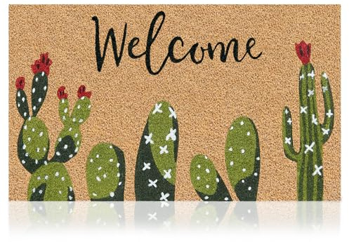 Cactus - 17x29 - Coir Door Mat with Heavy Duty Backing - Welcome Mats for Entryway, Porch - Anti-Slip PVC & Coconut Fiber Surface -Natural Home Accessories,Minimalist Original Design