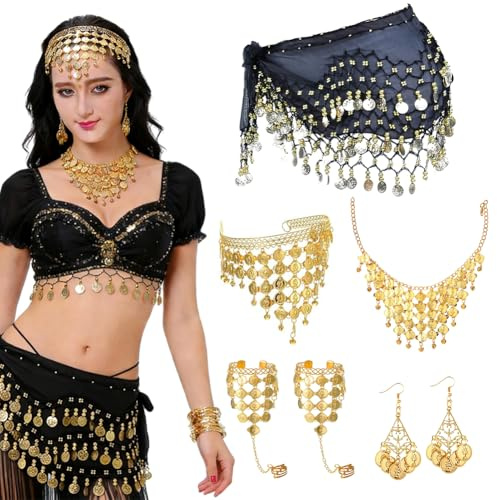 YUPDFGB Foulard zingara da donna, costume da danza con gioielli dorati, con collana, orecchini e braccialetti, costume da donna per foto, festival musicali, feste a tema, Halloween, Carnevale