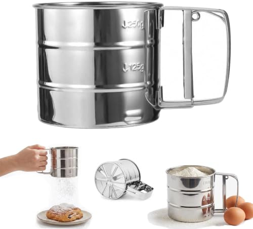Strehknewen Tamiz de Harina de Acero Inoxidable 250 g, Espolvoreador de Azúcar Glas con Mango de Una Mano y Resorte, Colador Fino de Cocina para Harina, Cacao y Especias