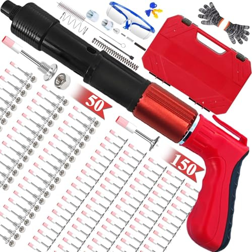 Pistolet à Clous Nail Gun avec 150 Clous Ronds, Mini Pistolet à Clou Manuel en Acier, 5 vitesses, Pistole t à Clous en Acier pour Béton Ancrages Plafond et mur, Dispositif Fente de fil (Rouge)