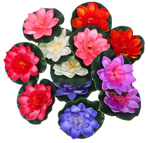 Vaguelly 12 Flores Artificiales de Loto Flotantes Realistas para Estanque y Piscina, Hechas de Eva y Seda, Resistentes Deformación y Decoloración, Ideales para Decoración Interior