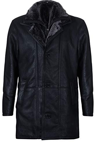Herren Warm Schwarz Nappaleder Shearling Schaffell Mantel M