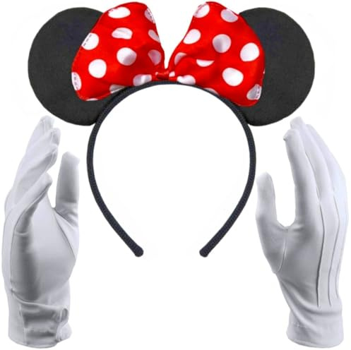 Serre-tête noir avec oreilles de souris et nœud rose à pois blancs + gants blancs pour adulte