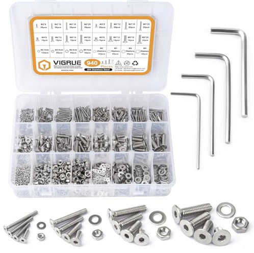 VIGRUE 940Stk M2 M3 M4 M5 Senkkopfschrauben Set, Hex flach-Knopf Schrauben Muttern Sortiment Set, 304 Edelstahl Maschinenschrauben Gewindeschrauben Befestigung Werkzeug schraubensatz Für Reparaturen