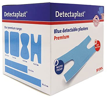 Detectaplast Pflaster wasserfest Premium, blaue Wundpflaster für den Lebensmittelbereich, detektierbare Pflaster für Erste Hilfe in der Gastro, 68 x 38 mm, Gelenkpflaster, 50 Stück