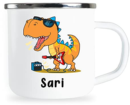 Sari Personalisierte Kindertasse mit Name und lustigem Dinosaurier Motiv Emaille Tasse individuelle Geschenke Kind Geburtstag Junge Mädchen Metallbecher Emailletasse Geschenkidee