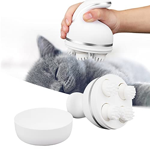 lyrlody Katzenmassage, Elektrisches Kopfmassagegerät mit USB-Aufladung, 4 Köpfe, 84 Massageknoten, Kopfhautmassagegerät für Haustiere (Gebogener Griff weiß)