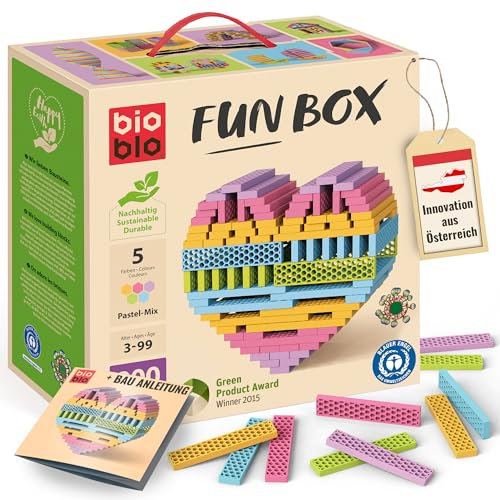 bioblo Holz Bausteine aus Recyclingmaterial Fun Box Pastel Mix 200 Stück | Fördert die motorische Entwicklung | Balanciersteine, Bausteine Erwachsene, Holzbausteine Natur, Geschenke für Kinder
