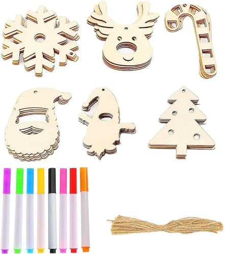 TRIXES Set di 30 decorazioni natalizie per bambini, in legno, con 8 pennarelli colorati, con cordino per appendere